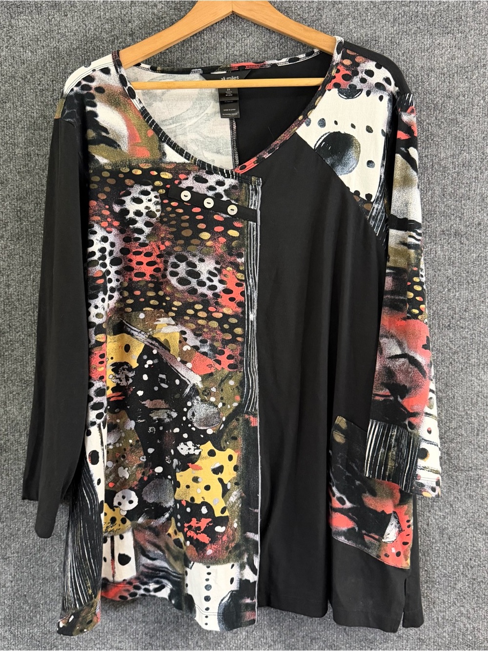 Ali Miles Womens 2X Tunic Blouse 3/4 Sleeve Mixed Print Animal Polka Dot Artsy